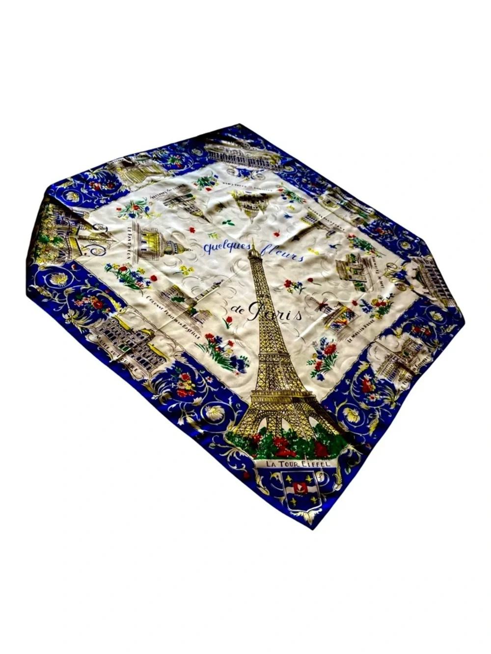 Parisian Eiffel Tower Vintage Souvenir Scarf-Blue, White & Gold Flowers Map